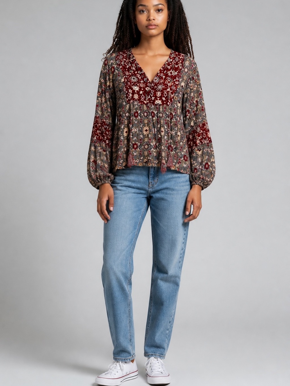 Knox Rose Multicolor Floral V-Neck Peasant Blouse